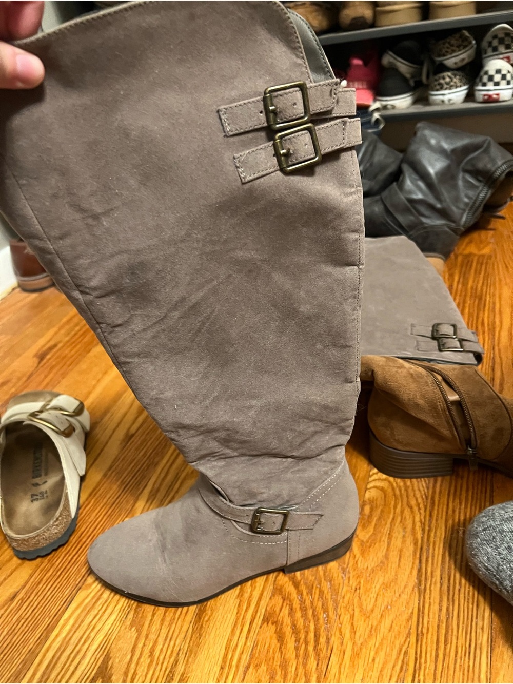 Tall Suede Buckle Knee-High Boots - Taupe